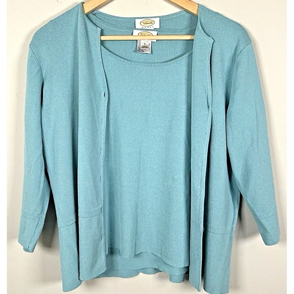 Vtg Talbots Twinset Size X Aqua Blue Knit Cardigan & Sleeveless Top Sweater 2PC